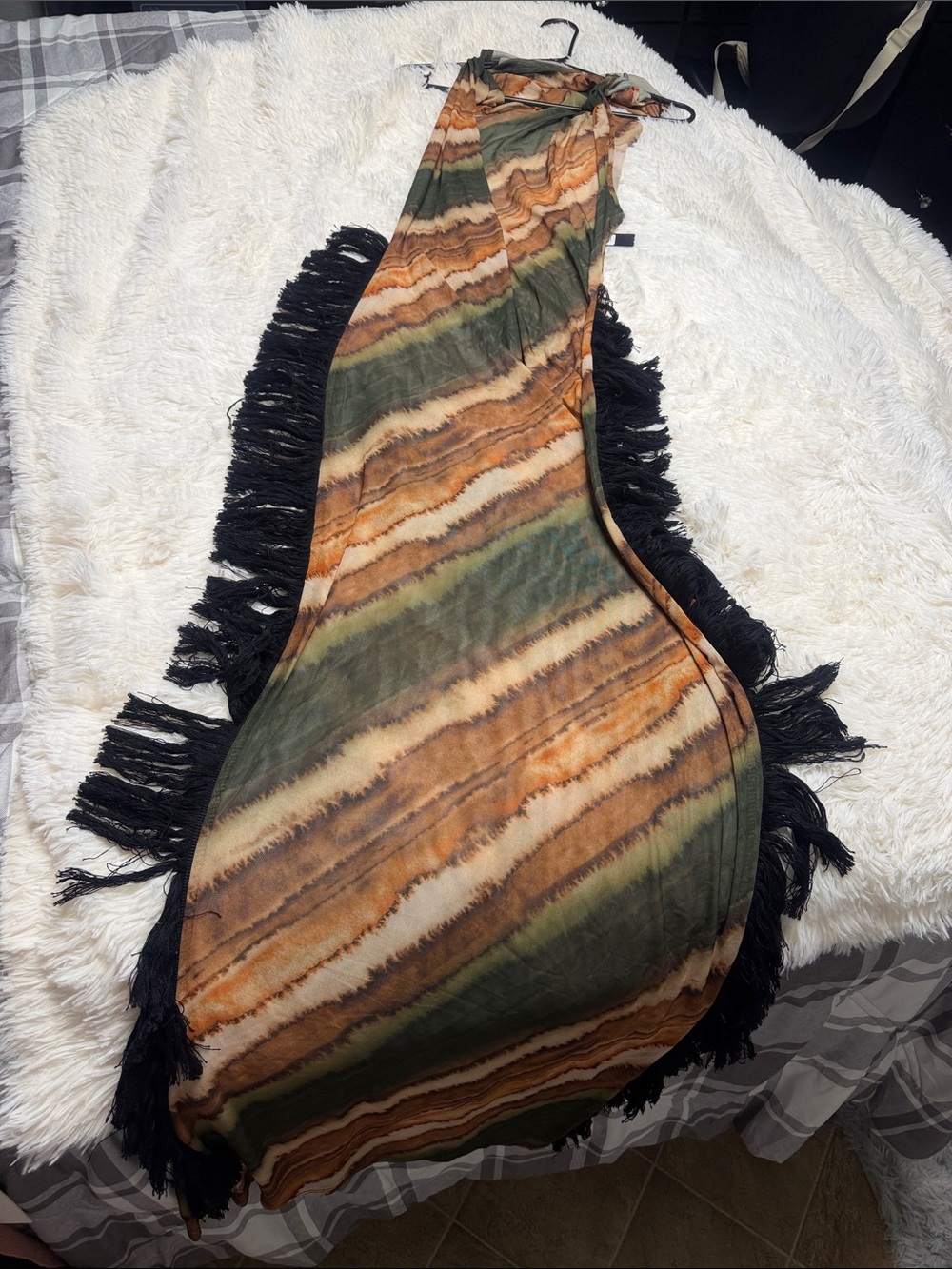 Fashion Nova Olive Green Brown Tan Striped Fringe Swim Coverup
